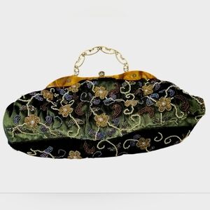 Vintage Leko London Green Velvet Beaded Gold Top Handle Handbag